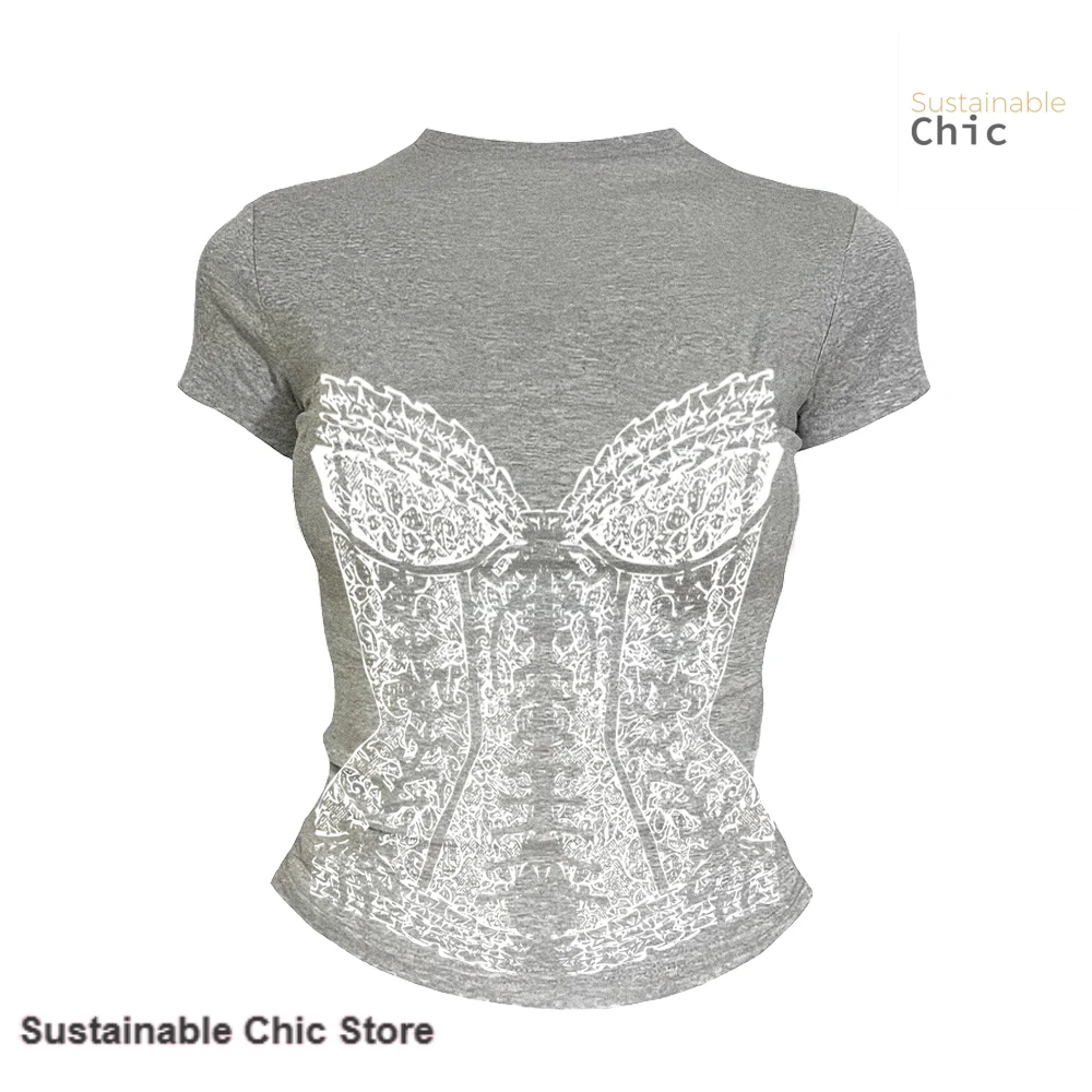 American shoulder slim print T-shirt women's summer new street personality spice girl design feeling slim round neck top.