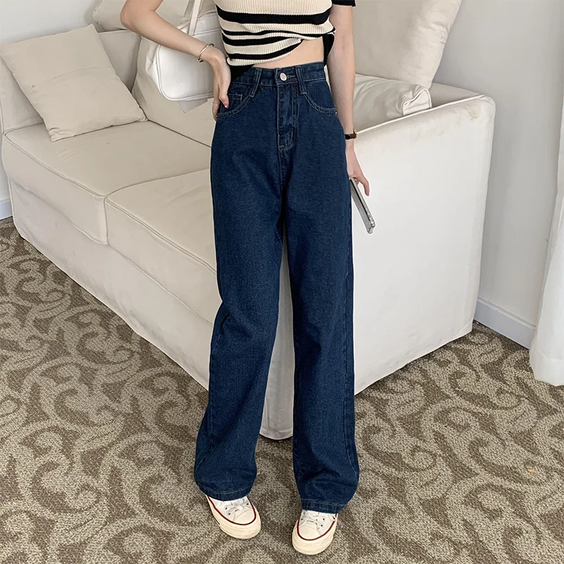 Women Retro Denim Pants High Waist Back Zip Solid Jeans Fashion Deep Blue Wide Leg Denim Trouser Female Casual Versatile Pants