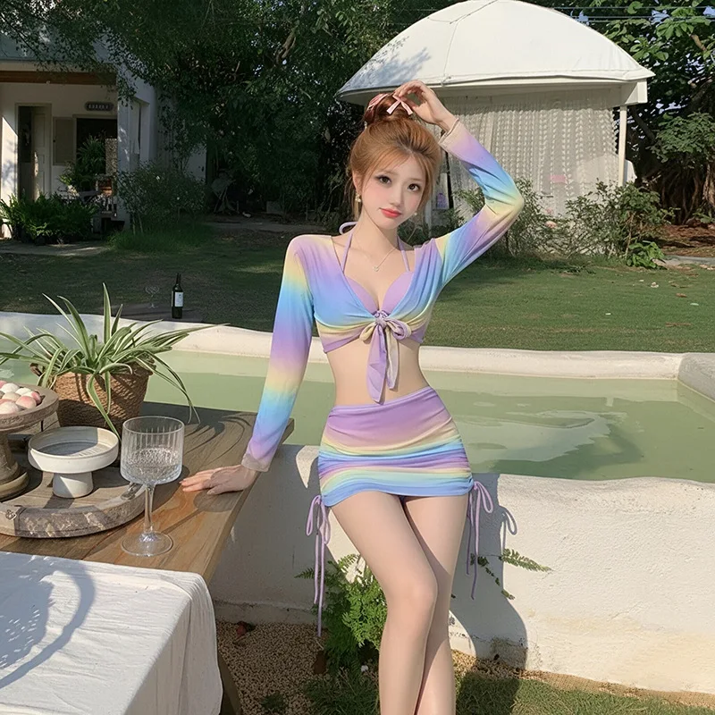 Women 4 Piece Bikini Set Rainbow Gradient Halter Top Front Tie Long Sleeve Cover Up Side Drawstring Skirt Summer Beach Swimwear