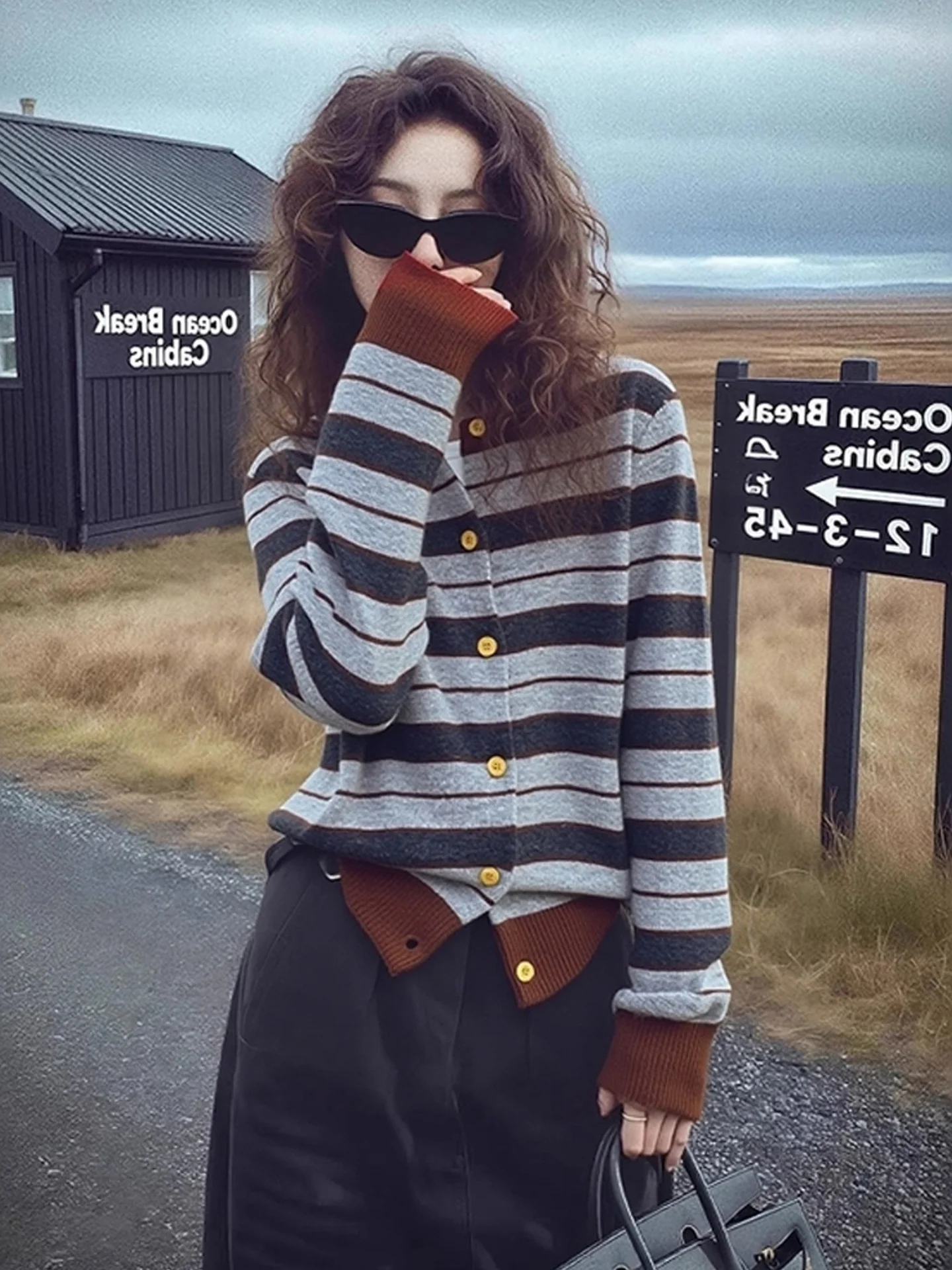 

Retro Striped Long Sve Camere Cardigan Knitted Sweater Commute Faion Winter Outerwear Single Button Knitwear for Women