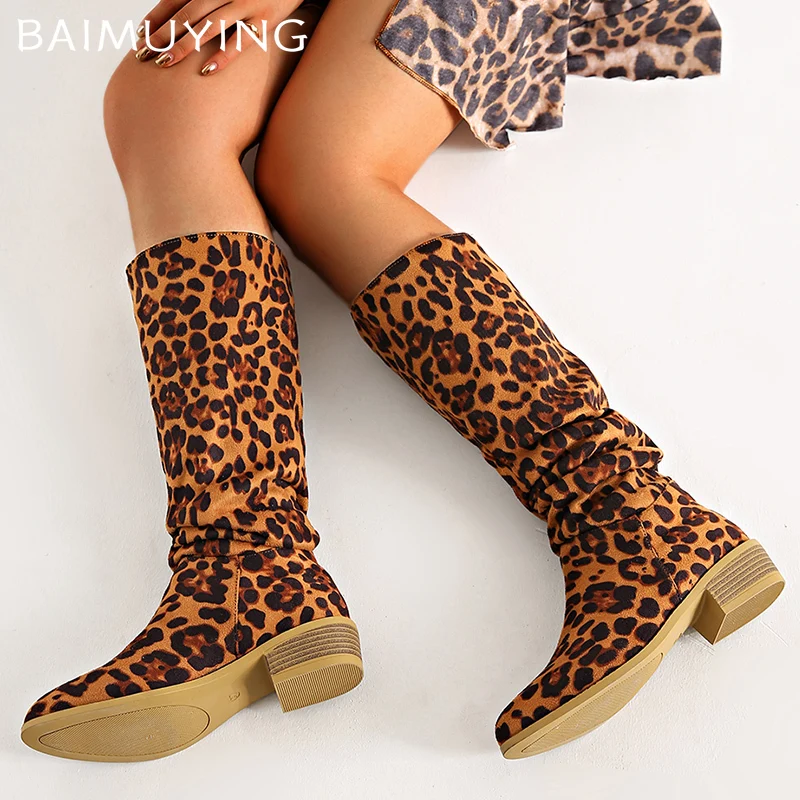 Leopard Women High Boots Pointed Toe Knee High Fashion Shoes Suede Chunky Winter Chelsea Boots 2024 Trend Designer Botas Mujer