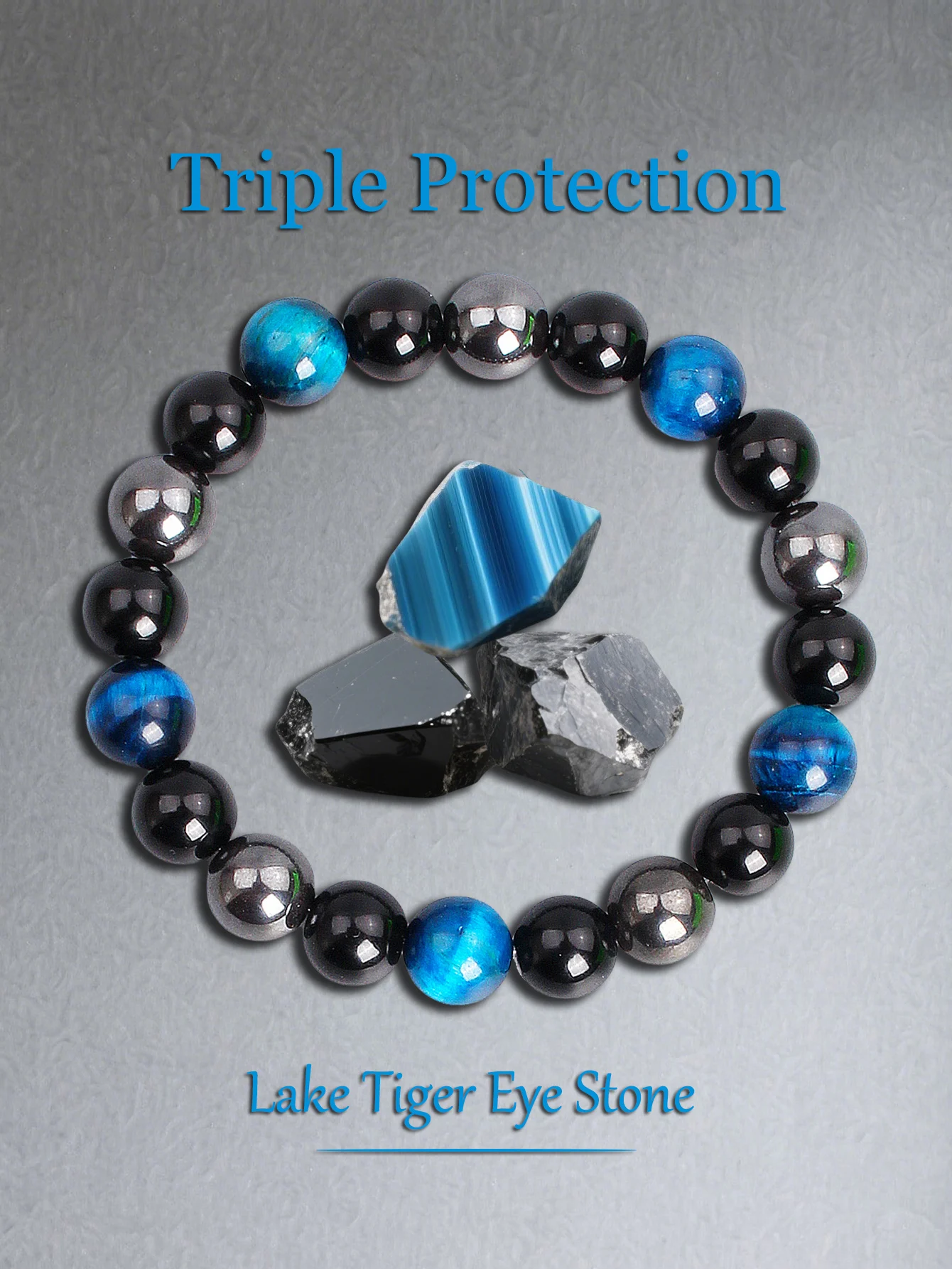 

Triple Protection Natural Stone Bracelet Lake Blue Tiger Eye Hematite for Grounding & Obsidian Positive Energy Courage Jewelry