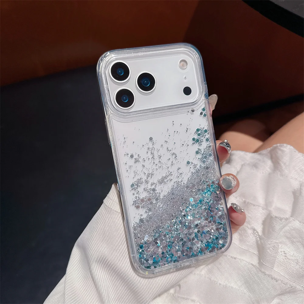 Bling Quicksand Case Cover for iPhone 17 16 Pro Max Shell Glitter Gloss Silver Blue Moving Sequins Silicone Anti-fall Hard Funda - view 3