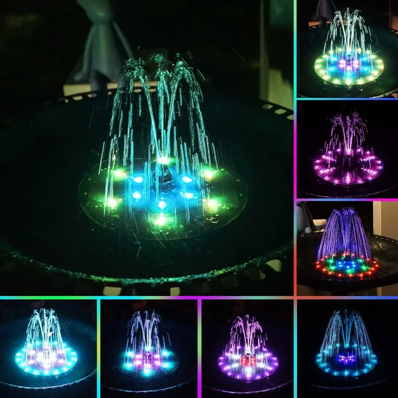 Outdoor Solar Fountain 6V 4W Bird Bath Fountain with 60 LED Lights Built-in 2000mAh Battery Garden Fountain with 8 Nozzles