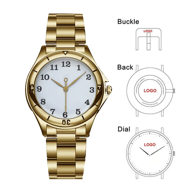 Cl055 Goud Heren Horloge Quartz Polshorloge Custom Logo Foto Private Label Rvs Horloges