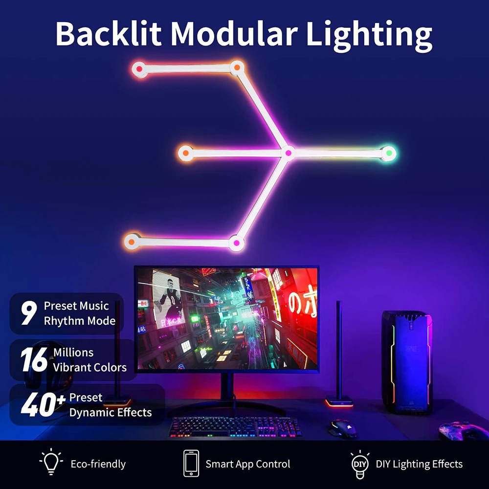 Lâmpada de parede inteligente LED RGB Luz noturna de atmosfera DIY para luz de fundo de TV Decoração de sala de jogos Barra de luz de parede Tuya WIFI Funciona com Alexa