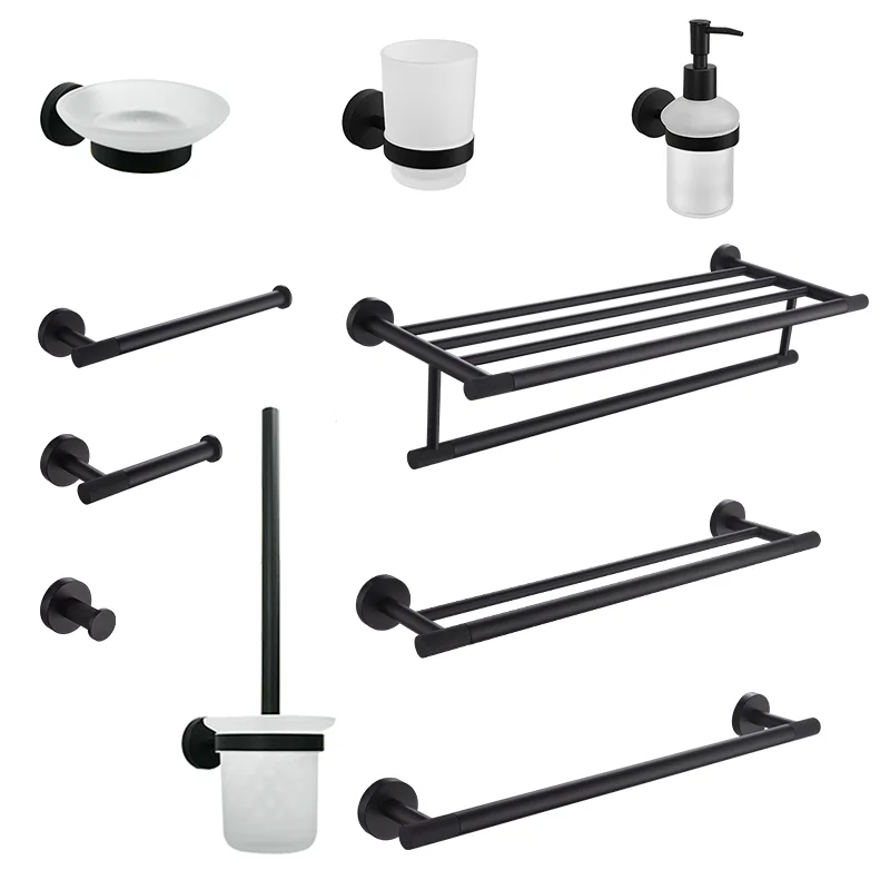 

Matte Black Brass Knurled Bathroom Accessories Shelf for Towels Paper Tissue Towel Bar Bath Robe Hook Bathroom Hardware Set