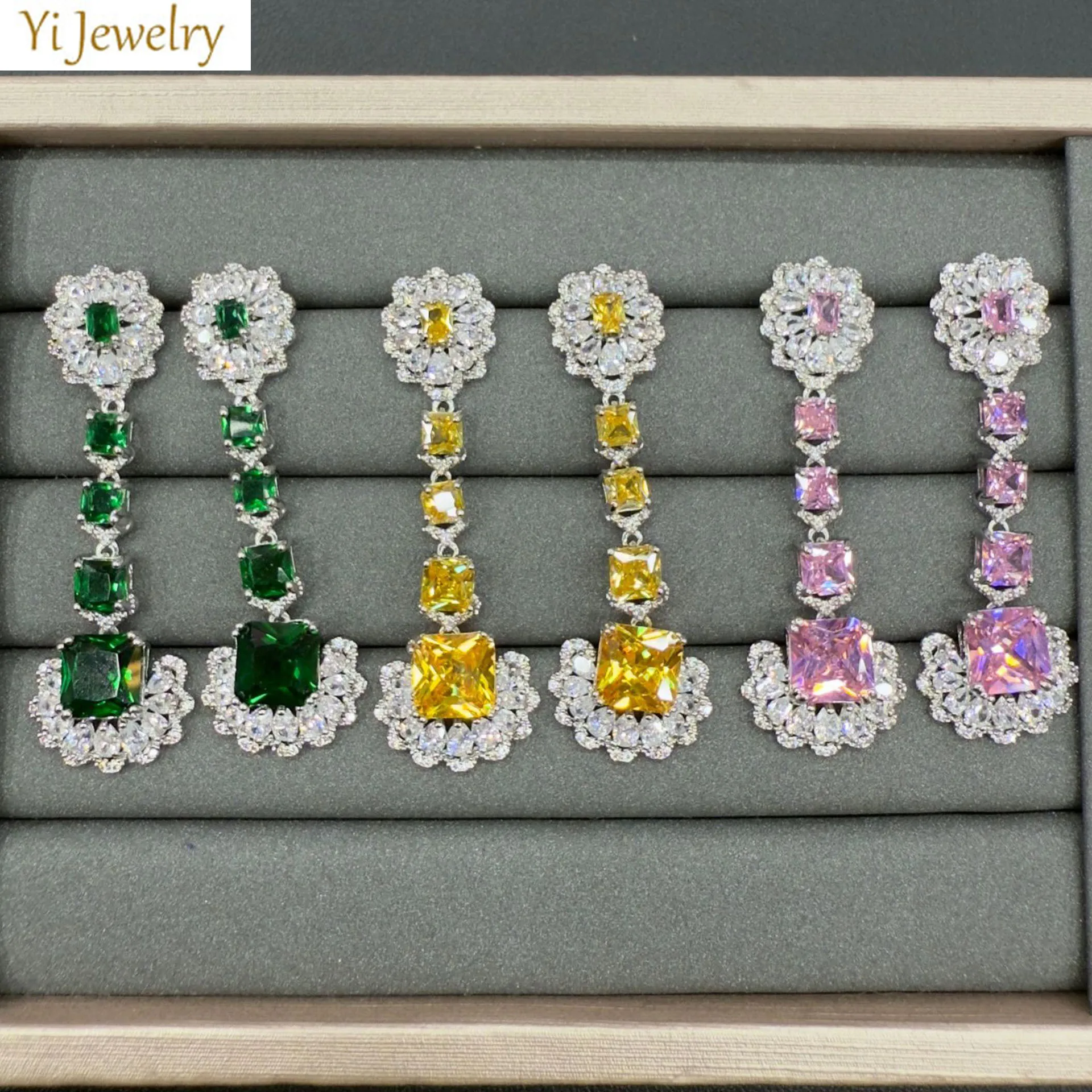 

classy earrings green pink yellow zirconia shiny luxury jewelry dinner party bar dangling earrings for women small block drop