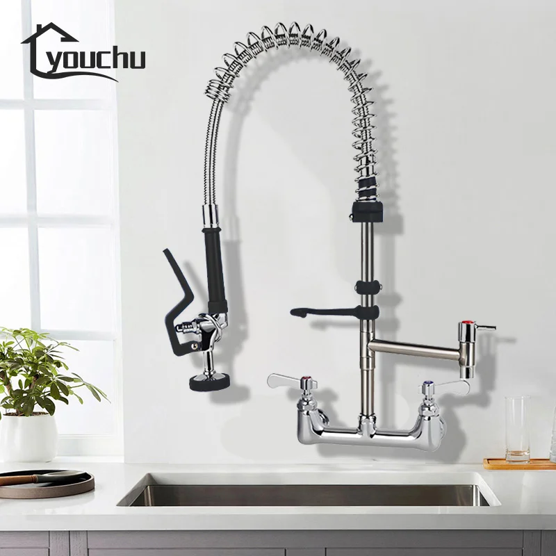 304SS Integrated Pipe + Brass Pre-Rinse Classic Commercial Kitchen Faucet Taps 2-Hole Food Grade Flexible Sprayer Wall Bathroom