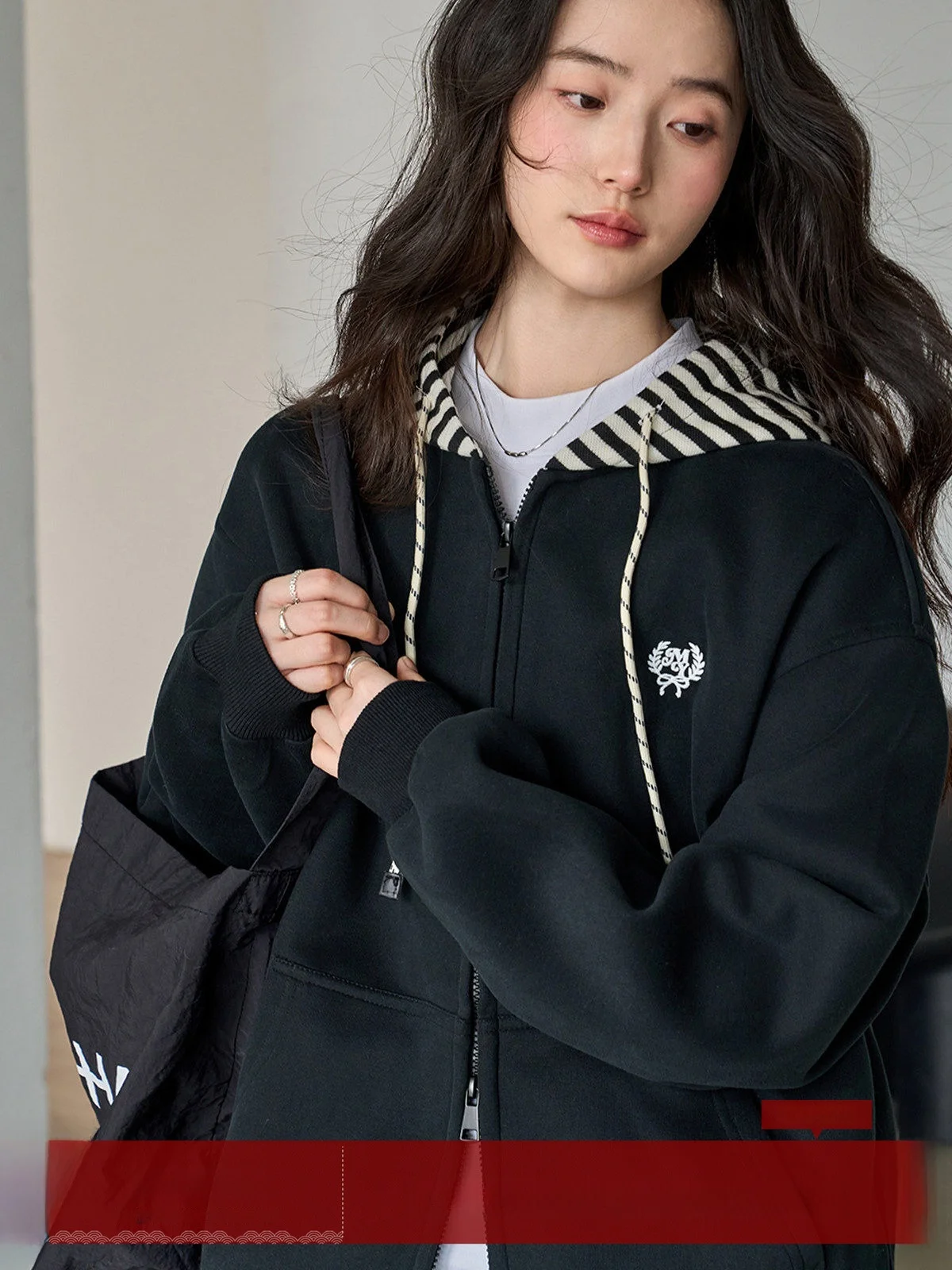 

Женская свободная толстовка-кардиган MoZa Bla с капюшоном, вышивкой и двойной молнией, для повседневной носки, с длинными рукавами