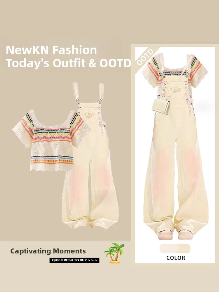 

Summer Anti-Aging Set Elegant Hollow out Short Color Block Top Slimming Denim Overalls Two-Piece Set Fashionable Casual Wear