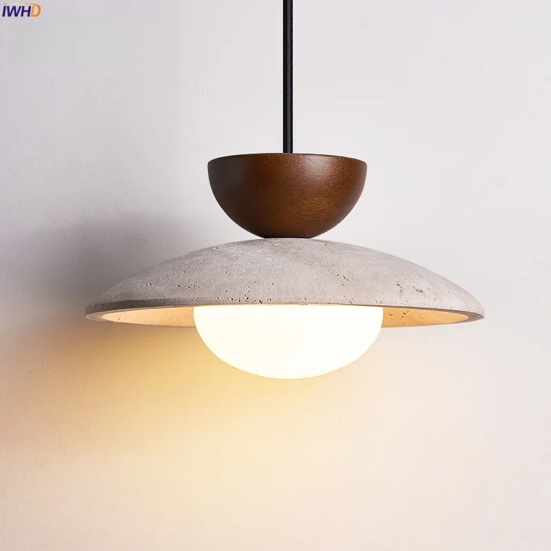 

IWHD Home Decor LED Hanging Lamps Yellow Travertine Wood Dining Living Room Bedroom Mid Century Modern Pendant Light Hanglamp