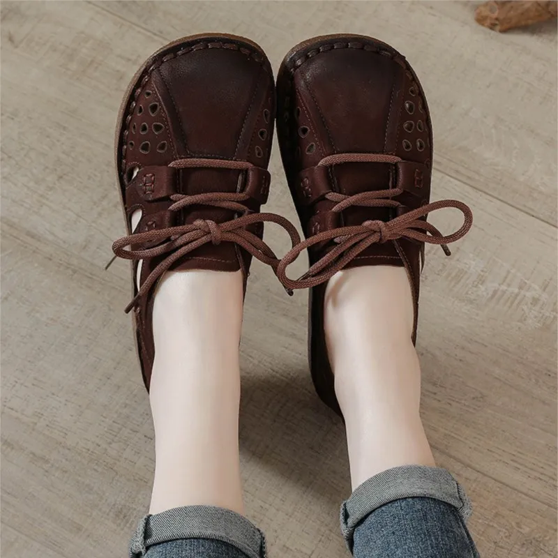 Full Cowhide Summer New Cowhide Soft Bottom Hollow Sandals Female Retro Shoes Leather Wide Foot Thick Bottom Women\'s Shoes