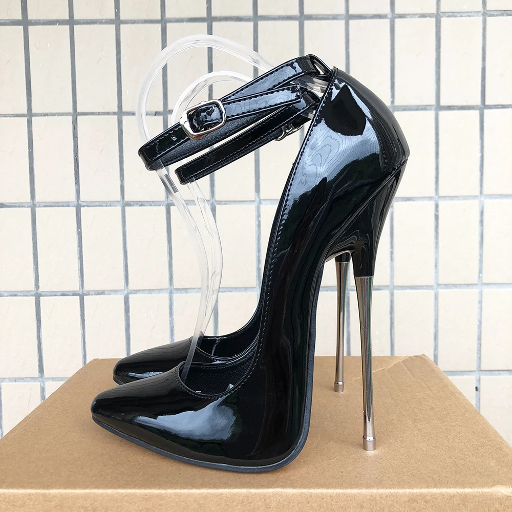 16cm Extreme Metal High Heels Stilettos Sexy All Black Women Ankle Strap Pumps Fetish Model Party Unisex Shoes Customized Size46