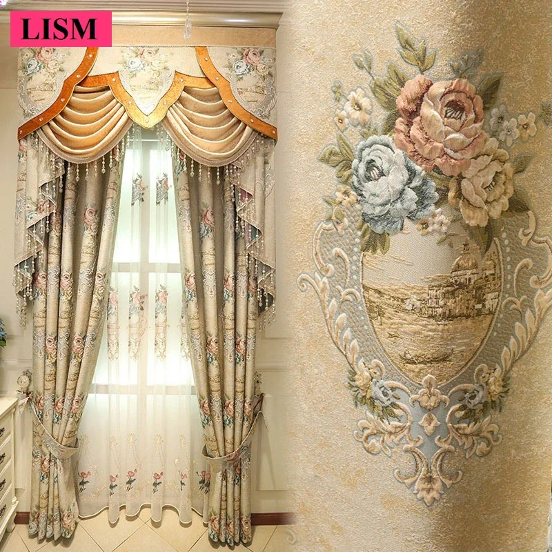 

European Luxury Relief Jacquard Curtains for Living Room Bedroom Window Blackout Luxury Embroidered Tulle Custom Lace Valance