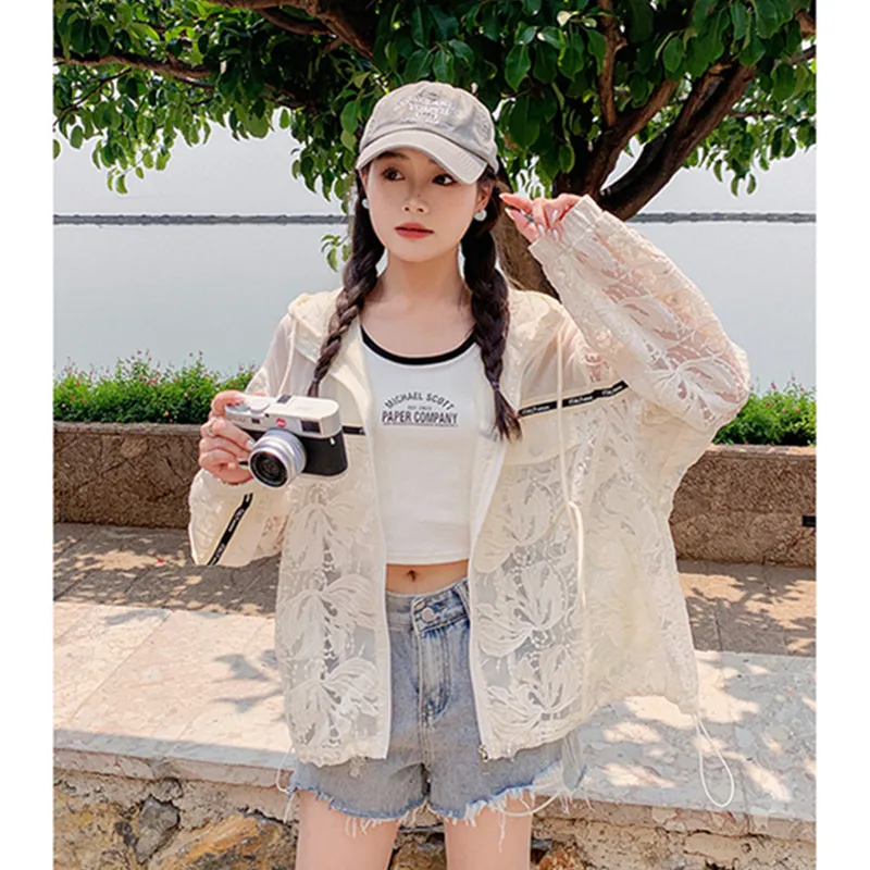 

Women's Lace Patchwork Hoodie Zip Up Cover-up Summer Long Sleeve Clothing Female s Coats