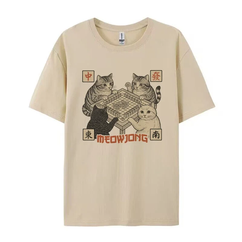 Meowjong Funny Meme Kitten T-Shirts for Women Cute Cat Lover Shirt Loose Retro Mahjong Graphic Tees Unisex Cool T Shirts Gift