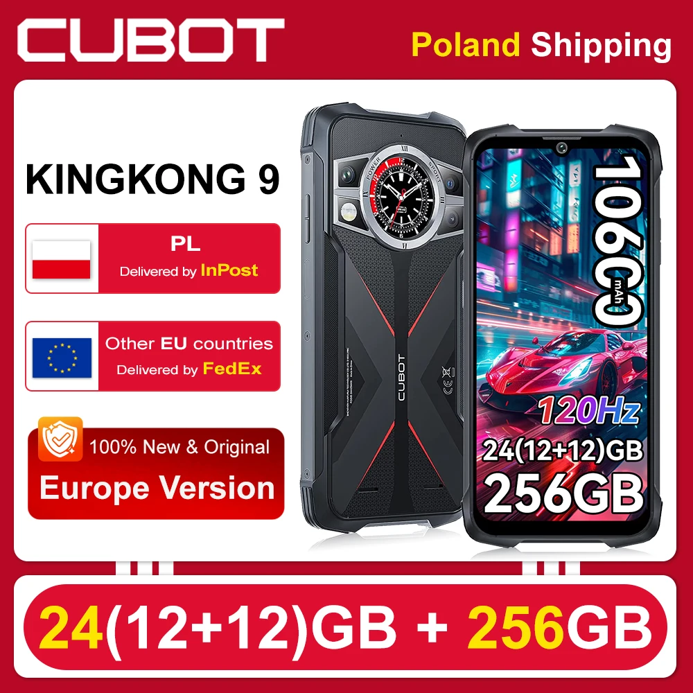 [Versand aus Polen] Cubot KingKong 9, Robustes Smartphone 24 GB (12+12) + 256 GB, 10600 mAh (33 W), 6,58" FHD+, 100MP + 24MP Nachtsicht, Stoßfest/Wasserdicht
