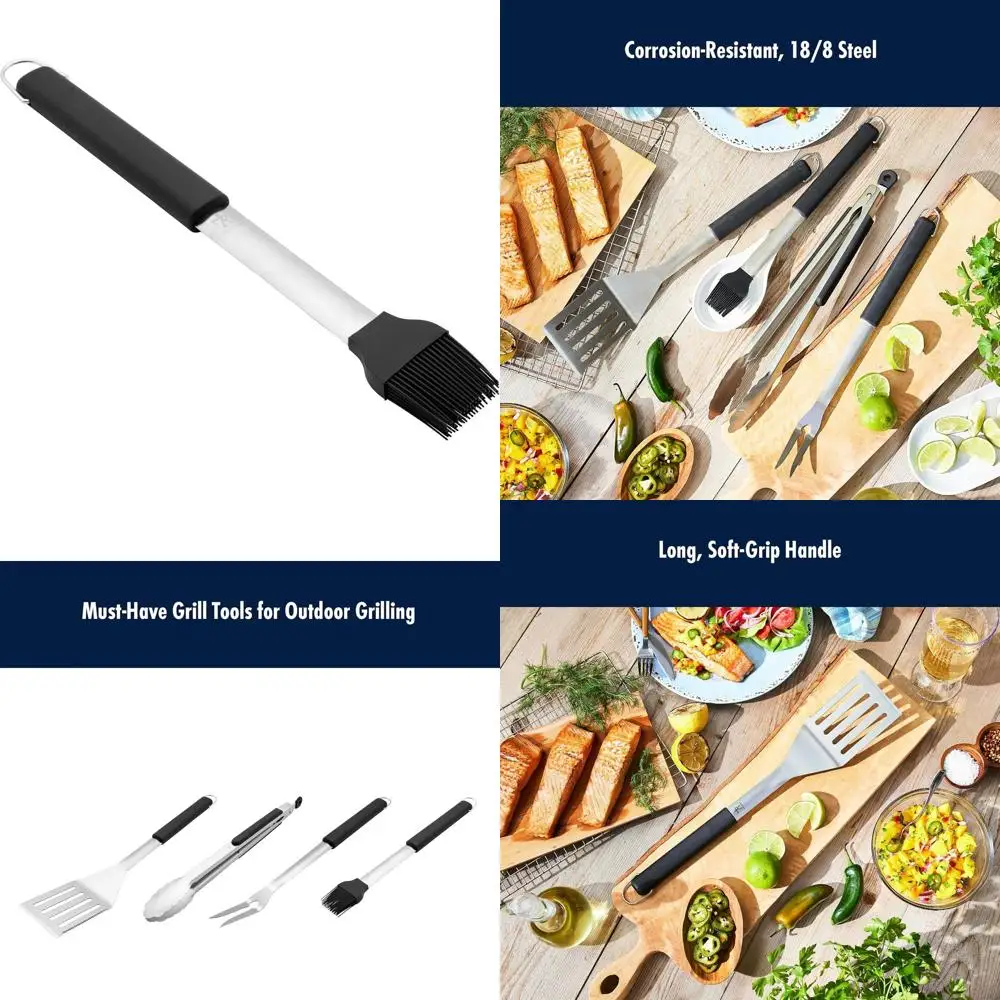 

4-Piece Stainless Steel BBQ Tool Set: Spatula, Tongs, Fork, and Basting Brush for Outdoor Grilling Adventures