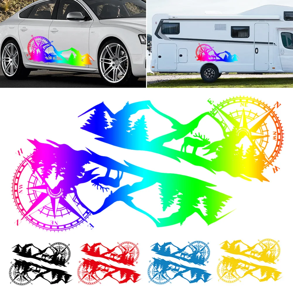 Large Car Decals Compass Tree Mountain Deer PVC Stickers Vinyl Graphic Waterproof SUV RV Styling Decoration Exterior Accessories