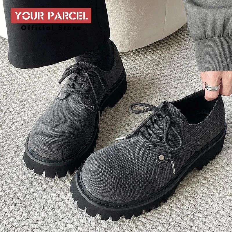 Battle damage style old canvas shoes for men thick sole height increasing round toe derby shoes cleanfit big toe leather shoes