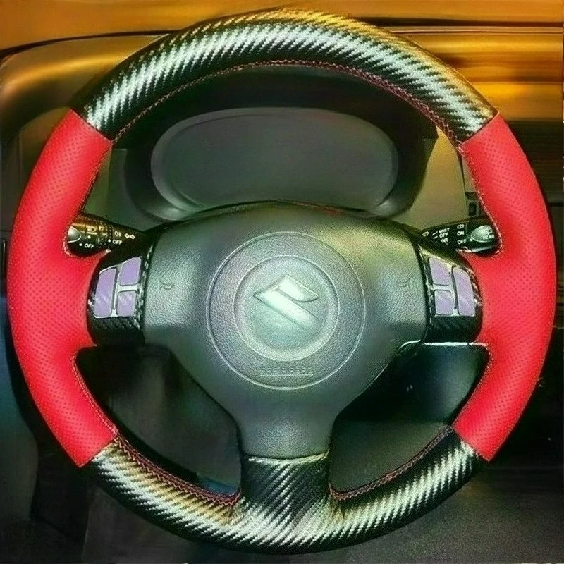 For Suzuki SX4 Alto Old Swift Opel Agila Hand-stitched renovation wear-resistant black red Leather car steering wheel cover