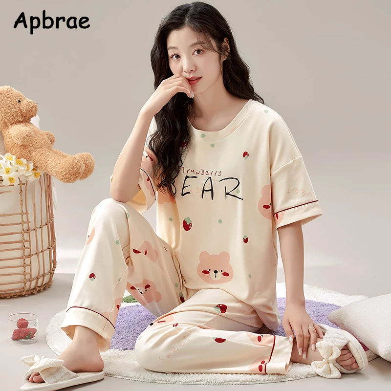 Summer Fruit Print Pajamas for Women Cotton Pajama Sets Short Sleeves Long Pants Cartoon Round Collar Pijamas Girl Sleepwear