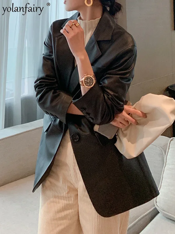 YOLANFAIRY Cappotto da abito in vera pelle Giacca da donna in pelle di pecora Donna Elegante abiti medio lunghi di fascia alta Abrigos Mujer Invierno