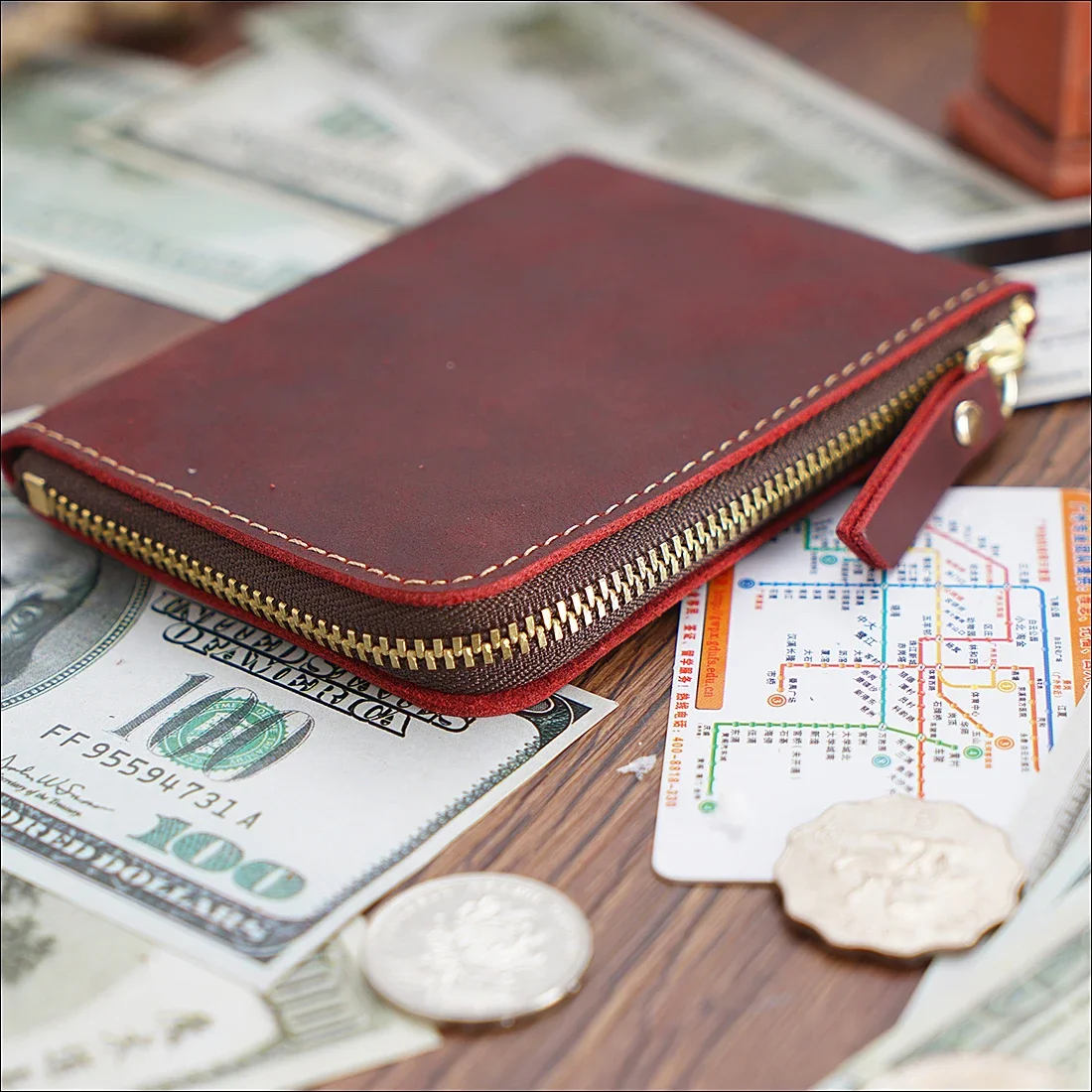 Natural Leather Credit ID Card Holder Vintage Fashion Coin Purse Small Wallet Clutch Zipper Clamp For Money Short Wallet Unisex