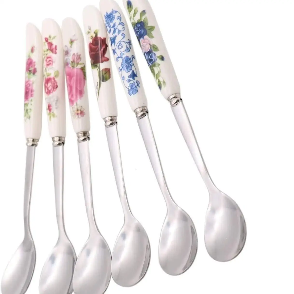 3 Counts/set Coffee Dessert Spoon, Stainless Steel Spoon with Flower Pattern Ceramic Handle, Household Kitchen Utensils for Use