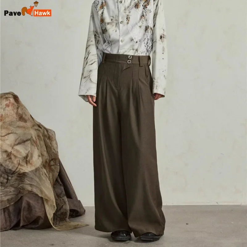 

2024 Mens Wide Leg Pants Retro Simplicity High Waisted Fashion Straight Leg Suit Trousers Button Trend Solid Pantalones Thin