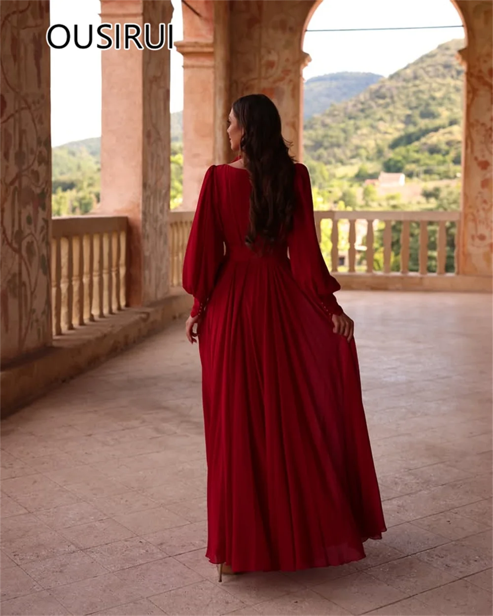 Robe de soirée trapèze en mousseline de soie à col en V pour femmes, longueur au sol, dos nu, court fluide, robe de soirée de Rh, manches longues, occasion spéciale