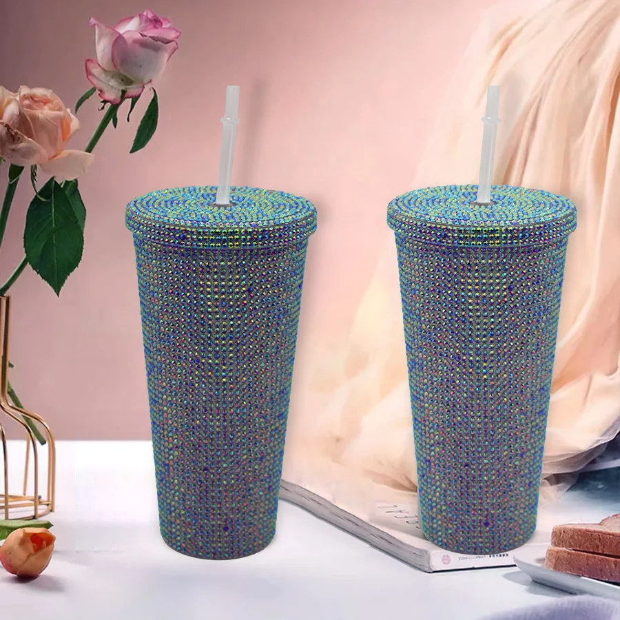 Sparkling rhinestone inlaid double-layer PS material with straw, durable and easy to clean coffee cup, essential for home, offic