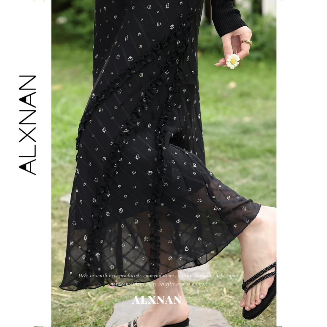 

ALXNAN Black Floral Long Skirt 2026 Summer Elegant Hip-wrapped Midi Skirts Holiday Beach Fashion Casual Female Clothing L63556