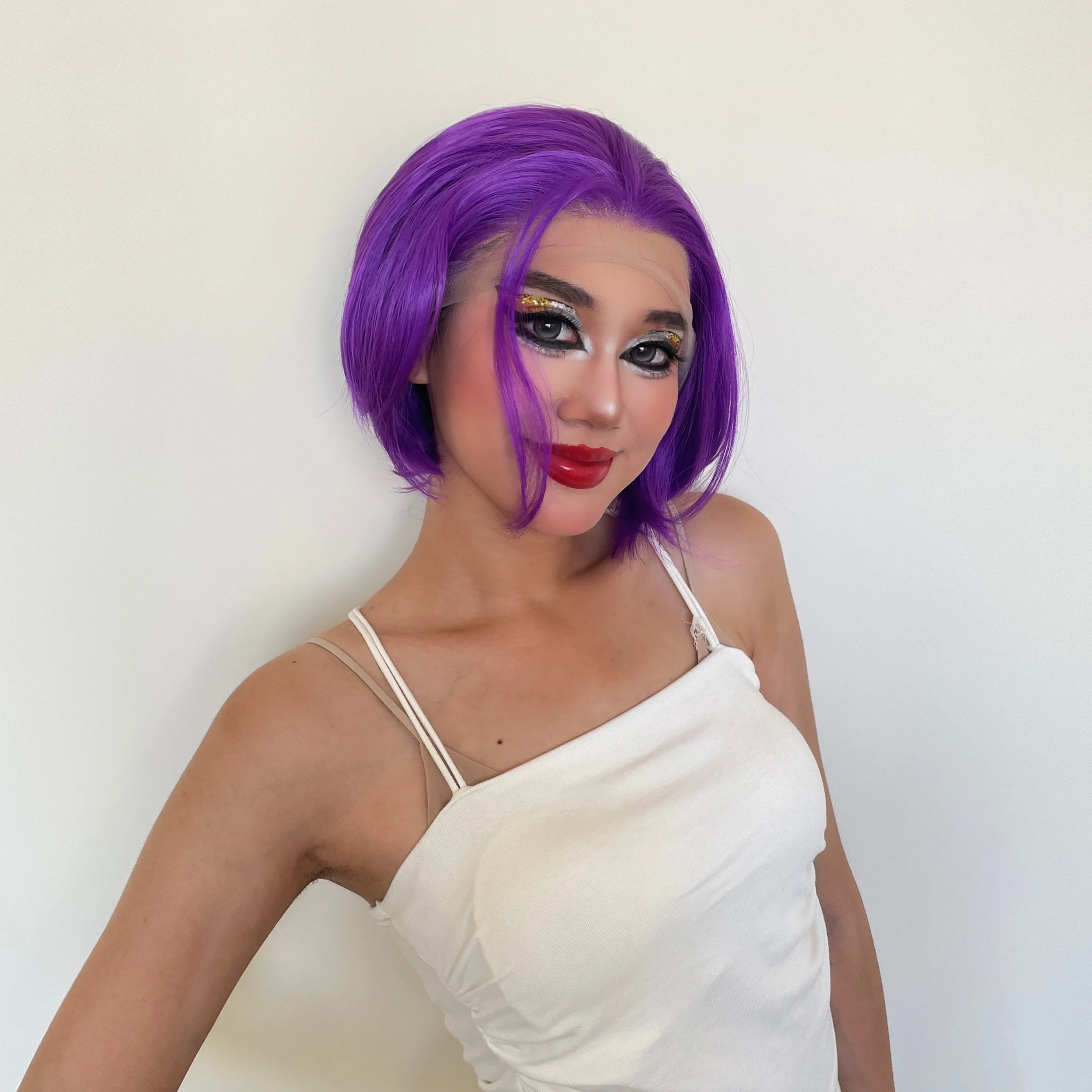 Short Bob Cut Cosplay Wigs for Men Purple Women Free Part Wigs Glueless 13x4 Synthetic Lace Front Wig Halloween Party Medium Cap