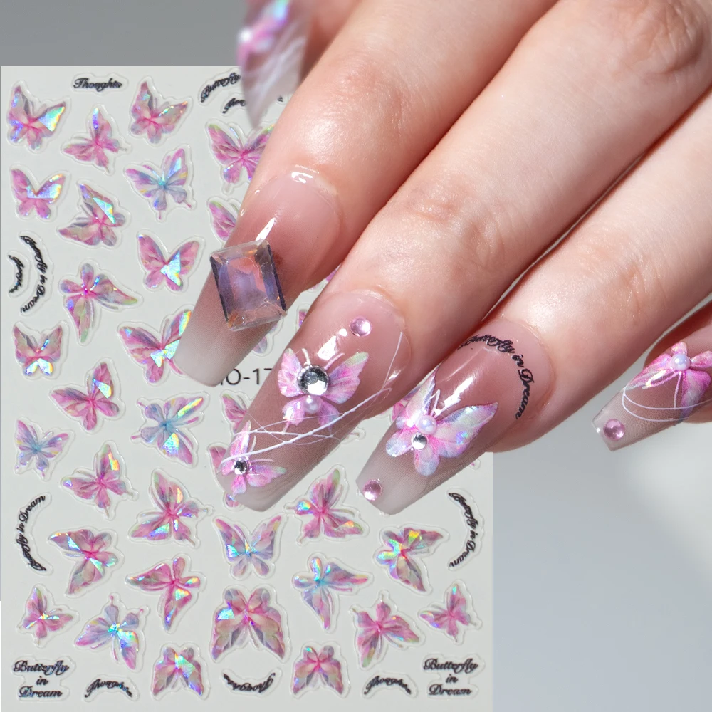 1 Pz Rosa Viola Aurora Shell Farfalla Adesivo per unghie Laser 3D Fata Farfalla Decalcomanie autoadesive 8*10 cm Cursore per manicure fai da te