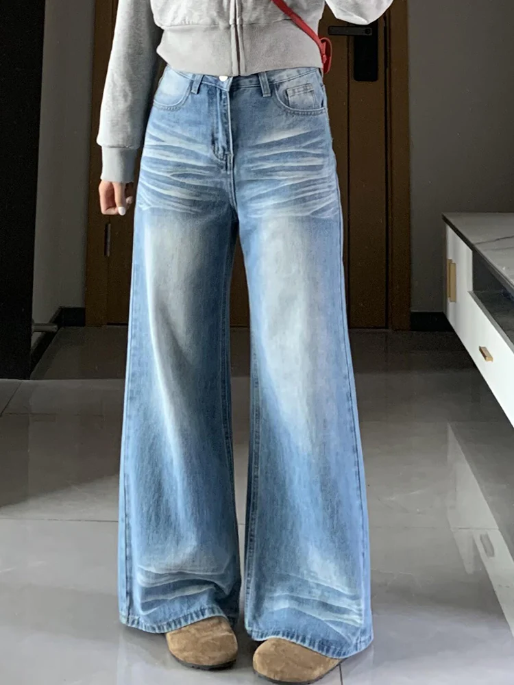 

Y2K Jeans American Retro Washed Blue Women Spring High Waist Loose Fit Slimming Straight Leg Floor Wide Leg Pants