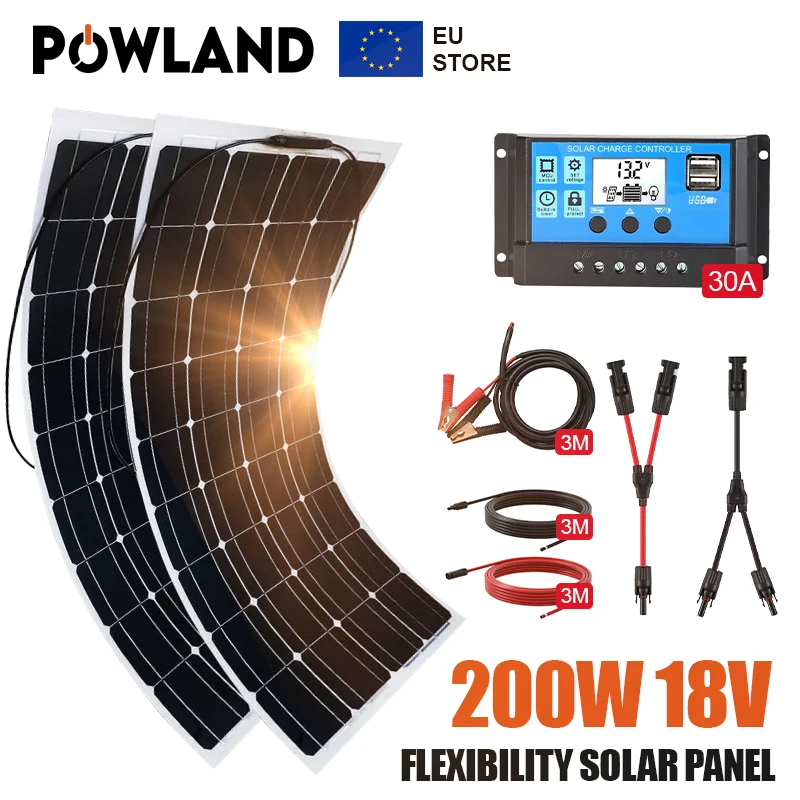 POWLAND 18V 100W 200W Set di pannelli solari flessibili impermeabili Controller per la carica di
