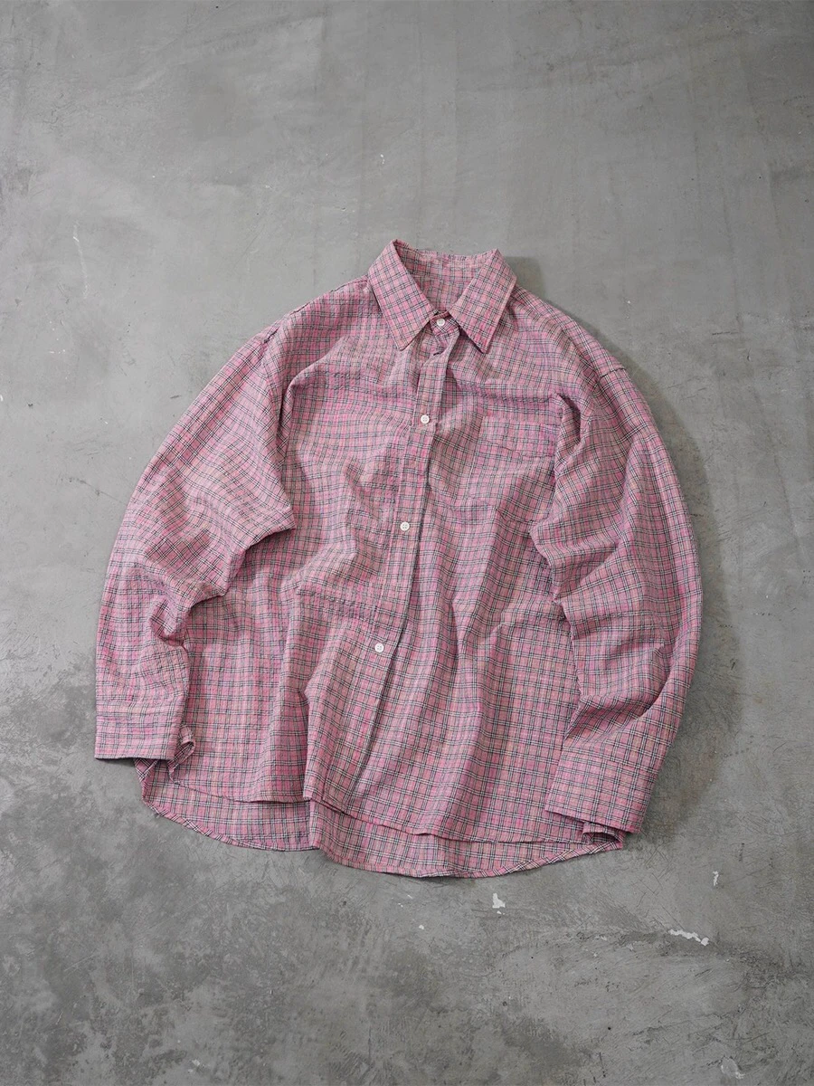 

American Street Sle Pink Plaid Bubble irt Свободная посадка для ранней осени Повседневная верхняя одежда Youth Faion Long Sve на пуговицах