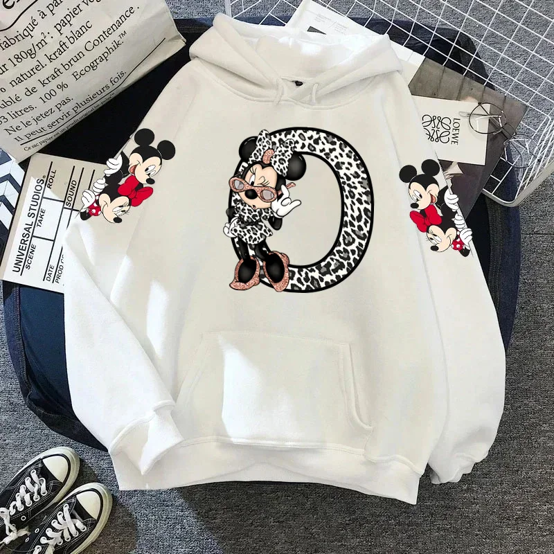 Leopard Minnie Mouse Disney A-Z 26 English Letters Hoodie Woman Clothing Y2k Clothes Long Sleeve Y2k Women\'s Sweatshirts Hoodies