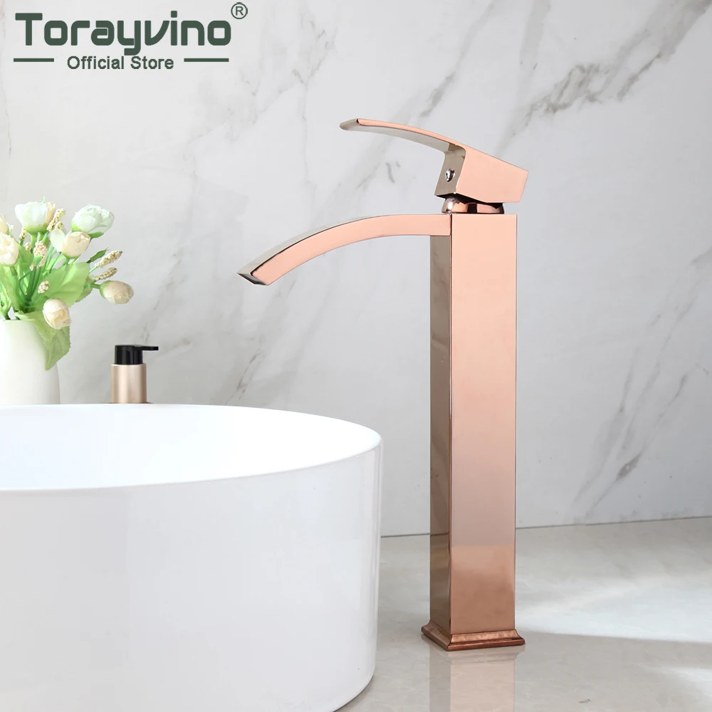 

Torayvino Rose Gold Bathroom Faucet 1 Handle Basin Sink Deck Mounted Faucets Waterfall Vanity Brass Hot & Cold Water Tap