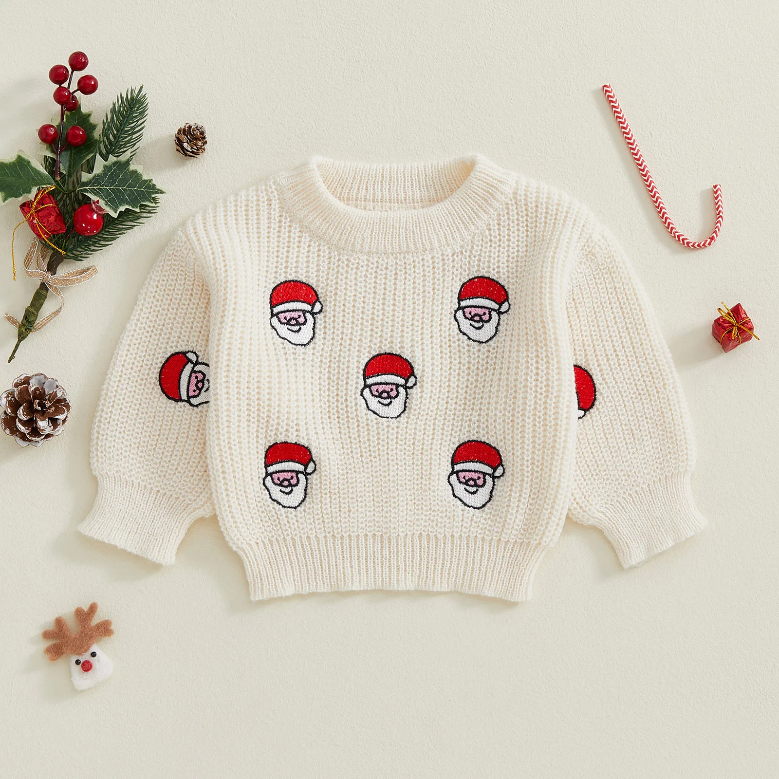 

Toddler Baby Christmas Sweater Santa Claus Embroidered Ribbed Long Sleeve Knitted Pullover Tops for Fall Winter
