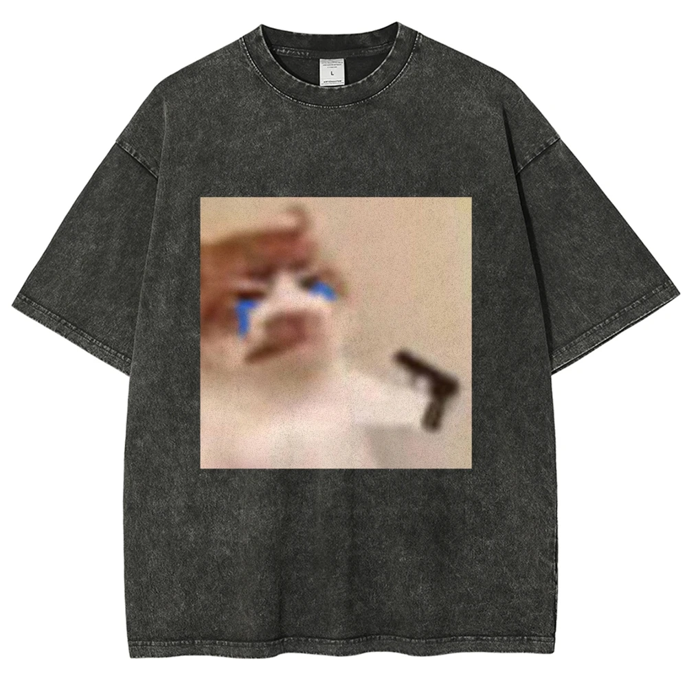 

Women's Cute Sad Crying Cat Printed Wash Short Sleeve T-shirt Women's Harajuku Couple Loose Street Style Y2K Clothing Top