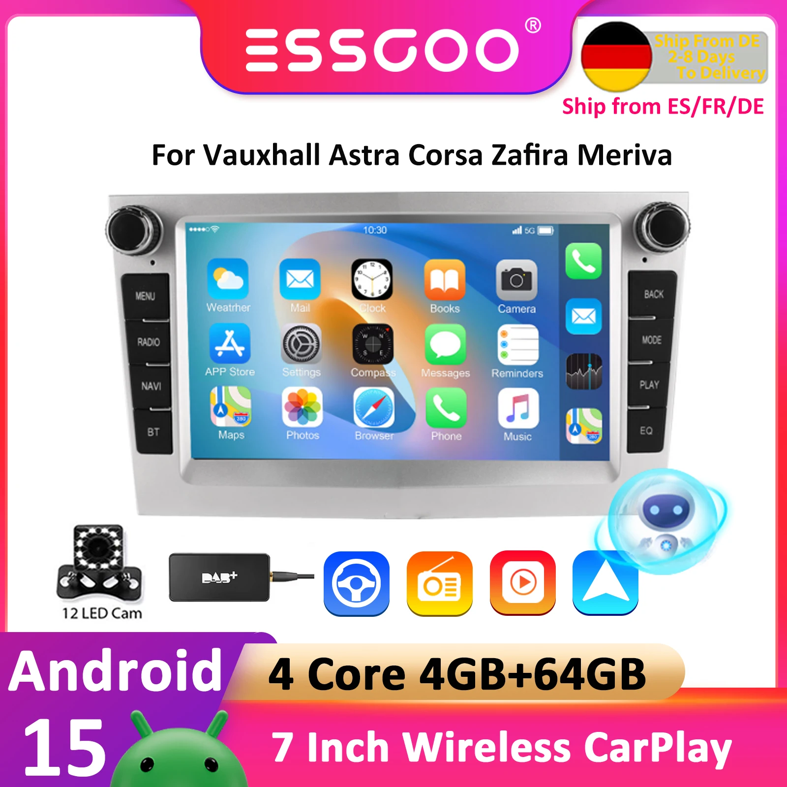 ESSGOO 2 Din 7 Zoll Android 15 Autoradio CarPlay für Opel Astra H G J Zafira B Corsa C D Antara Vectra Vivaro GPS Autoradio ﻿
