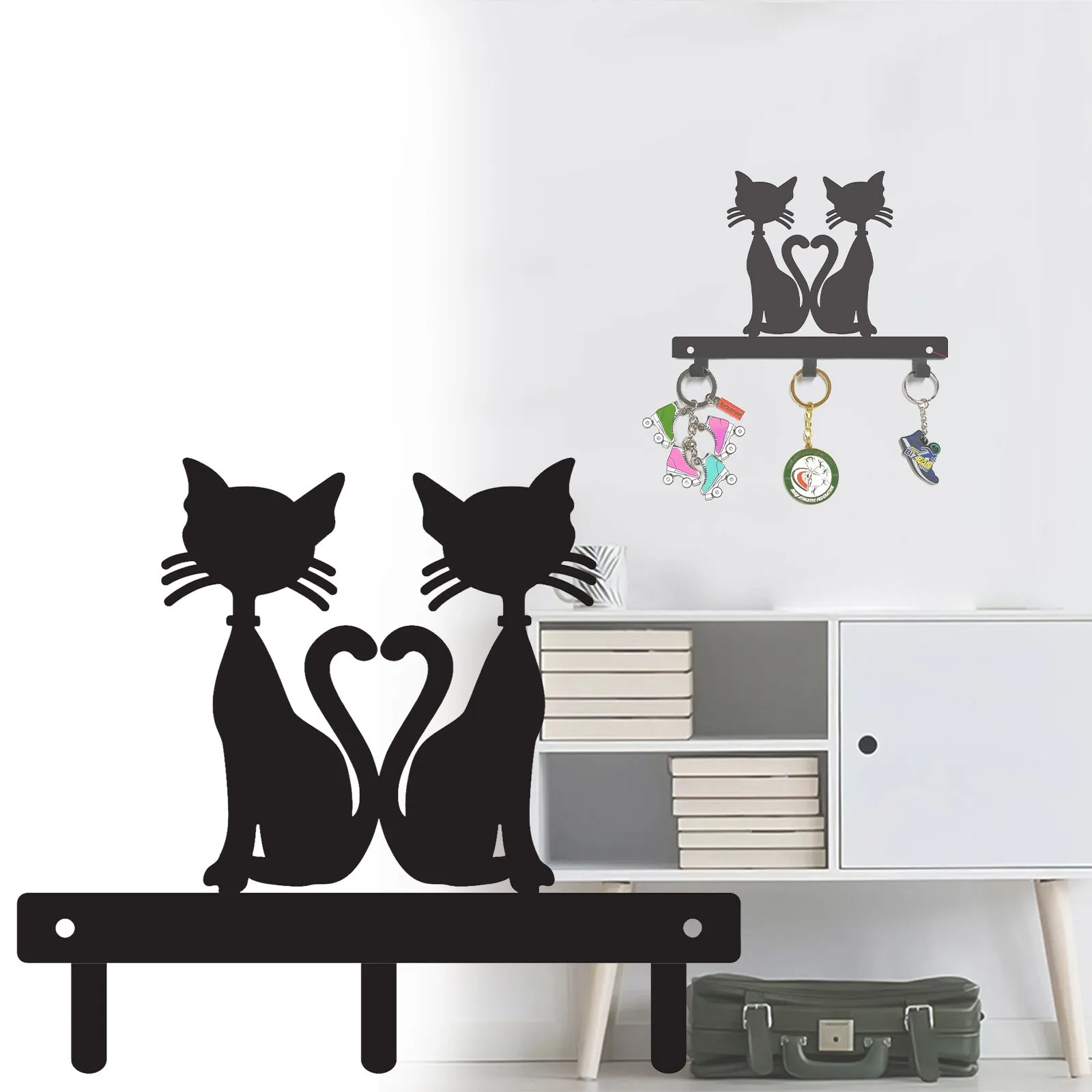 

Metal Key Holder Cat Puppy Wall Mounted Key Hooks Black Metal Key Organizer Rack With 5 Hooks Iron Art Artwork Wall Decorative