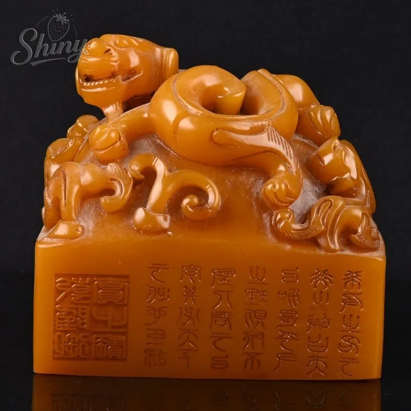 Vintage Shoushan Stone Dragon Seal Ancient Chinese Imperial Jade Seal Artificial Stone Ornament Home Decoration Accessories