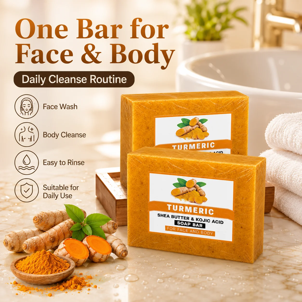1 Pack Turmeric Kojic Acid Soap Bars(120g) - Infused with Retinol, Hydrolyzed Collagen, Vitamin E & Shea Butter, Gentle Care for