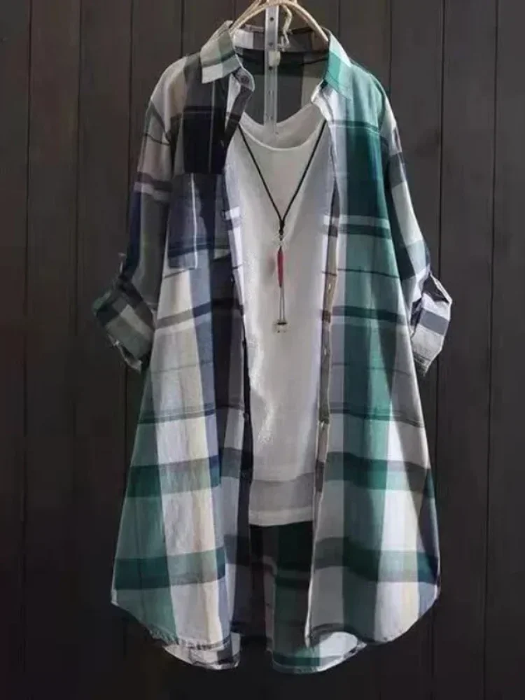 

Women Casual Korean Plaid Tops High Quality Mid Length Blouses Autumn Long Sleeve Elegant Shirt Loose Button Breathable Camisas