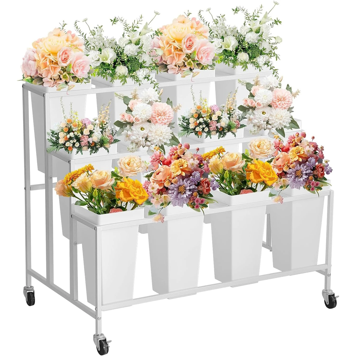 Flower Display Stand,3 Tier Flower Cart with 12 Square Buckets and Wheels, Moving Flower Cart Display Stand for Garden, Wedding, Flowers Shop