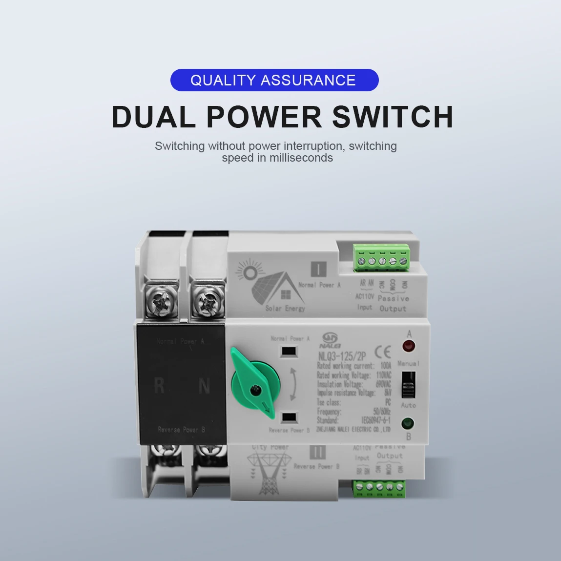 2P 63A No-break Dual Power Automatic Changeover Switch, 110V 220V Millisecond Level 2-way Transfer for Solar PV System